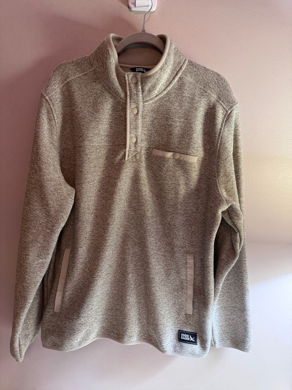 Eddie Bauer Men’s L Snap Neck Pullover Sweater Fleece Beige Heather Pocket